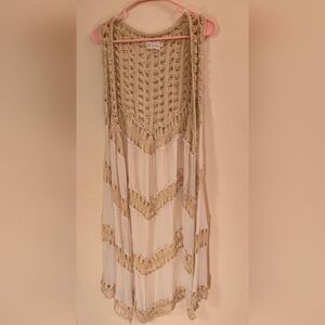 Dreamers Loosely Crocheted Macrame Bohemian Kimono Duster Vest - Cream - Size L